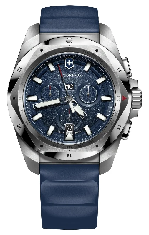 watches with leather straps for casual or formal outfits-Victorinox Swiss Army I.N.O.X. Chronograph Stainless Steel Blue Dial Blue Rubber Strap Day/Date Divers Quartz Mens Watch 241984