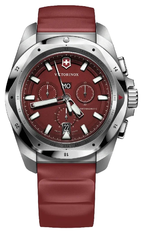 fitness watches with GPS tracking for cycling and hiking-Victorinox Swiss Army I.N.O.X. Chronograph Stainless Steel Red Dial Red Rubber Strap Day/Date Divers Quartz Mens Watch 241986