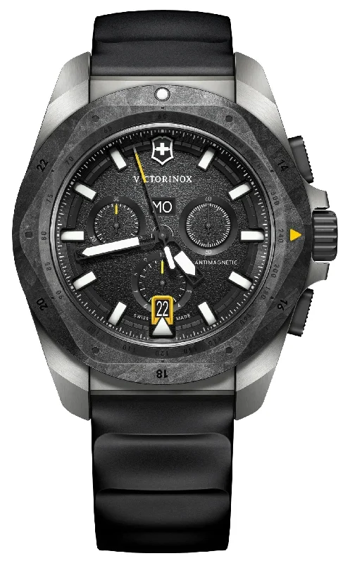 watches with carbon fiber cases for lightweight durability-Victorinox Swiss Army I.N.O.X. Chronograph Titanium Black Dial Black Rubber Strap Day/Date Divers Quartz Mens Watch 242011