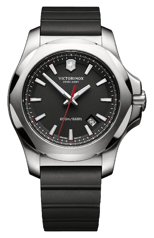 watches for women with elegant designs for formal occasions-Victorinox Swiss Army I.N.O.X. Stainless Steel Black Dial Black Rubber Strap Date Divers Quartz Mens Watch 241682.1