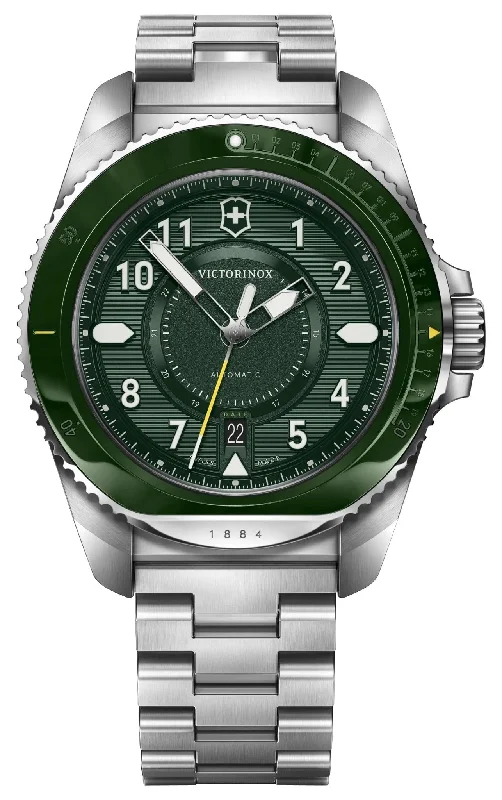 fitness trackers with heart rate monitoring and sleep tracking for women-Victorinox Swiss Army Journey 1884 Automatic Stainless Steel Green Dial Date Divers Mens Watch 242015