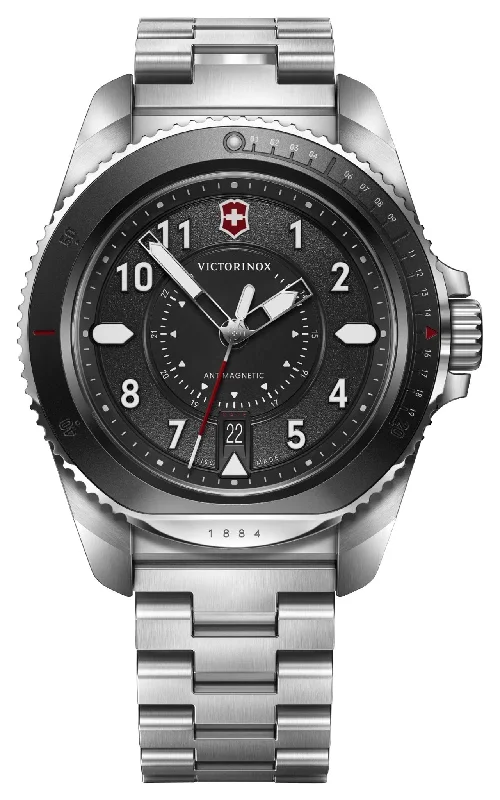 solar-powered watches with scratch-resistant sapphire glass-Victorinox Swiss Army Journey 1884 Stainless Steel Black Dial Date Divers Quartz Mens Watch 242009