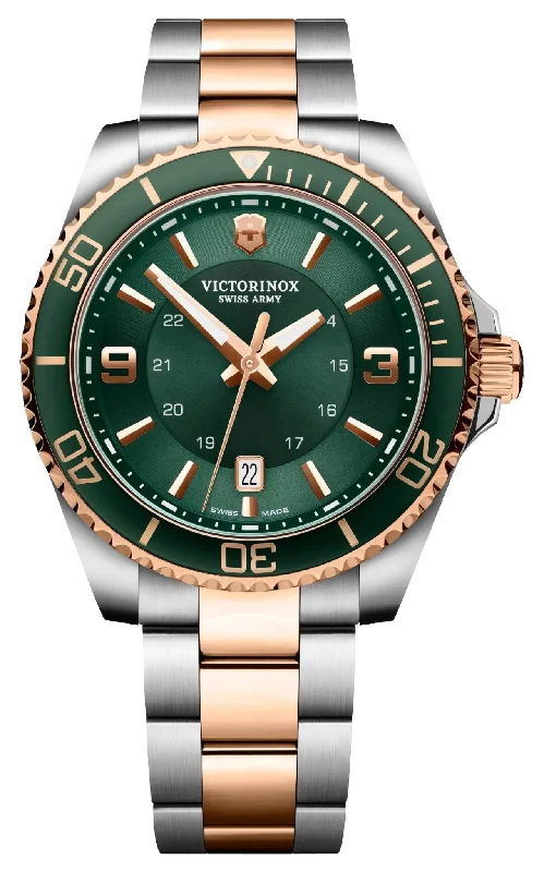 fitness trackers with sleep monitoring and workout tracking-Victorinox Swiss Army Maverick Large Two-Tone Stainless Steel Green Dial Date Quartz Mens Watch 242008