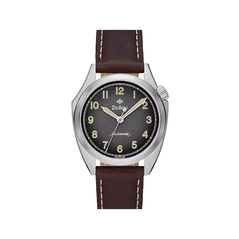 watches with minimalist style for everyday wear-Zodiac Olympos STP 1-11 Swiss Automatic Three-Hand Brown Leather Watch